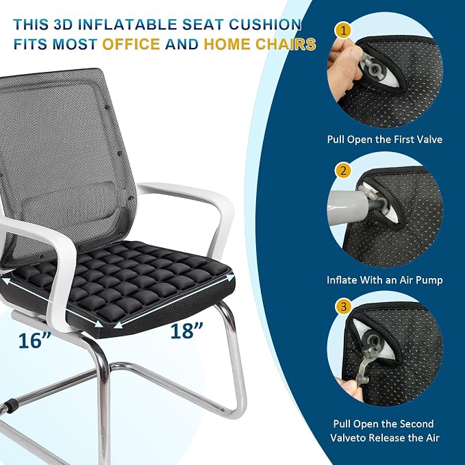 Inflatable Airplane Seat Cushion, Comfort 3d Air Cell Seat Cushion, Tailbone Pain Relief for Long Distance Sedentary People to Use (Black, 16*18in) - Image 6