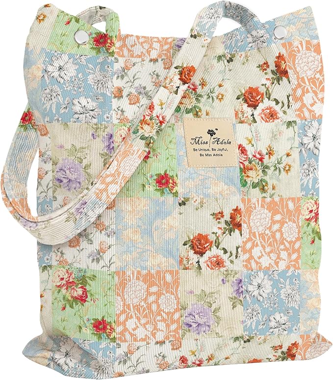 Miss Adola Designer Corduroy Tote Bag for Women | 3 Magnetic Buckles, Aesthetic Pattern, Reusable, Soft, Roomy Carry for Work, Travel, Grocery Runs by MissAdola