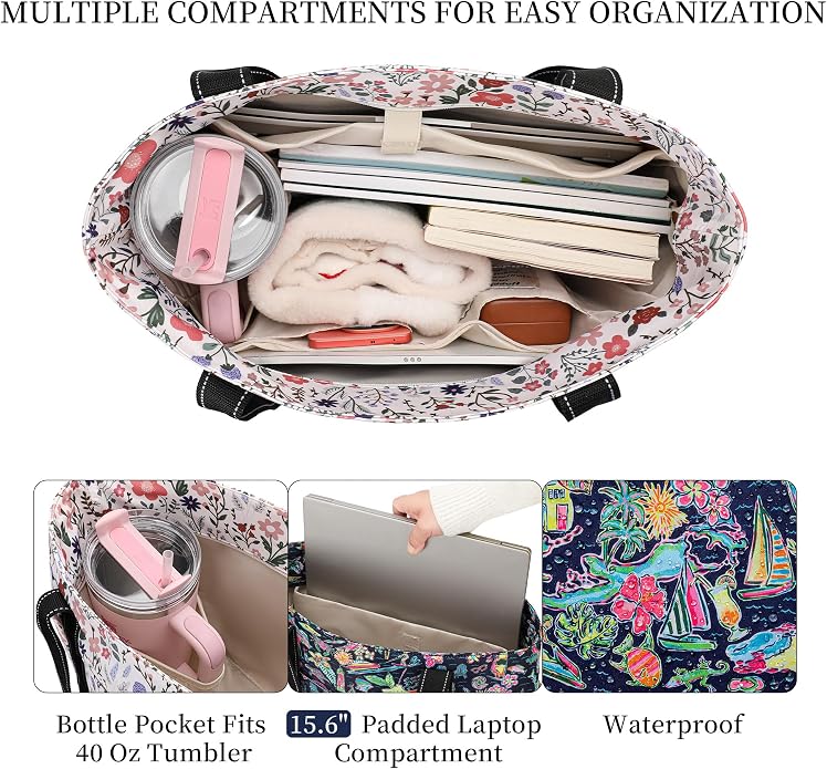Tote Bag for Women with Laptop Compartment & Cup Holder,Nylon Bag for Work,Travel,Gym,Beach,Teacher,Nurse,School,Mom - Image 5