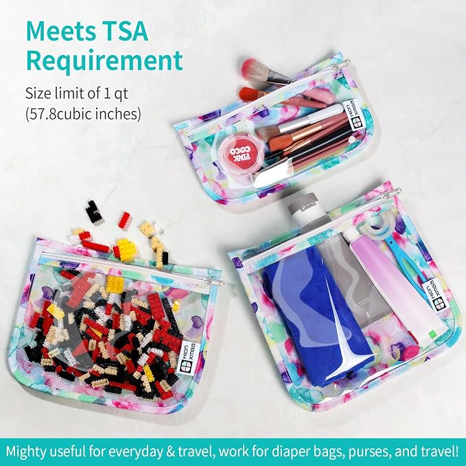 HIONXMGA Set of 3 Clear Travel Toiletry Bag, TSA Approved, Quart Size S/M/L | Clear Front Zipper Pouches Waterproof Cosmetics Bags for Women Kids Toiletries Baby Essentials Well-Organized, Watercolor - Image 3
