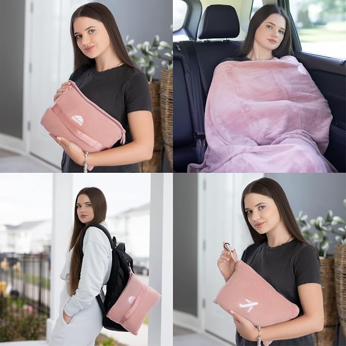 BlueHills Premium Soft Mini Plush Travel Blanket Value Pack Set of 3 - Airplane Travel Essential Flight Blanket Throw in a case Compact Car Plane Travel Gift – Gray, Black and Pink - Image 4