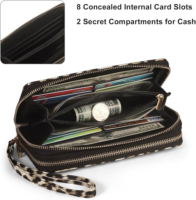 RFID Blocking Cellphone Wallet for Women with Removable Strap, Double Zipper Wristlet Bag Large Capacity, Passport Travel Clutch Purse, Leopard - Image 4