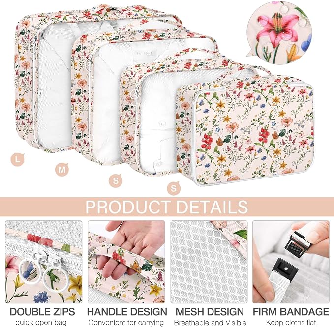 KPX 8 Set Packing Cubes for Travel, Luggage Packing Organizers Accessories Large Toiletries Bag for Clothes Shoes Cosmetics (Retro Flower) - Image 3