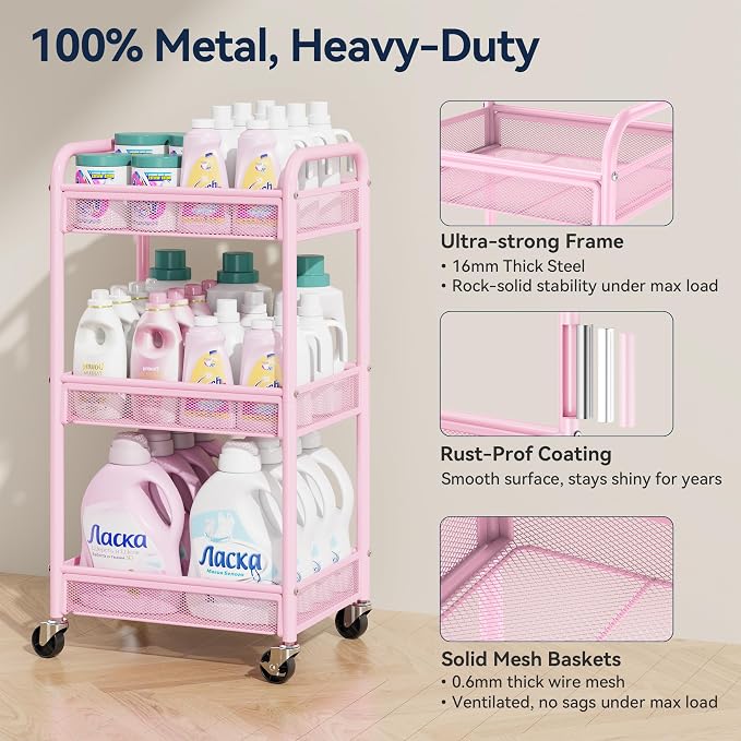 3 Tier Metal Rolling Cart, Pink Utility Storage Cart with Wheels | Metal Mesh Craft Cart With Hooks & Hanging Cups, Ideal For Kitchen, Bathroom, Office, Dorm, Art Workspace, Bedside Storage - Image 2