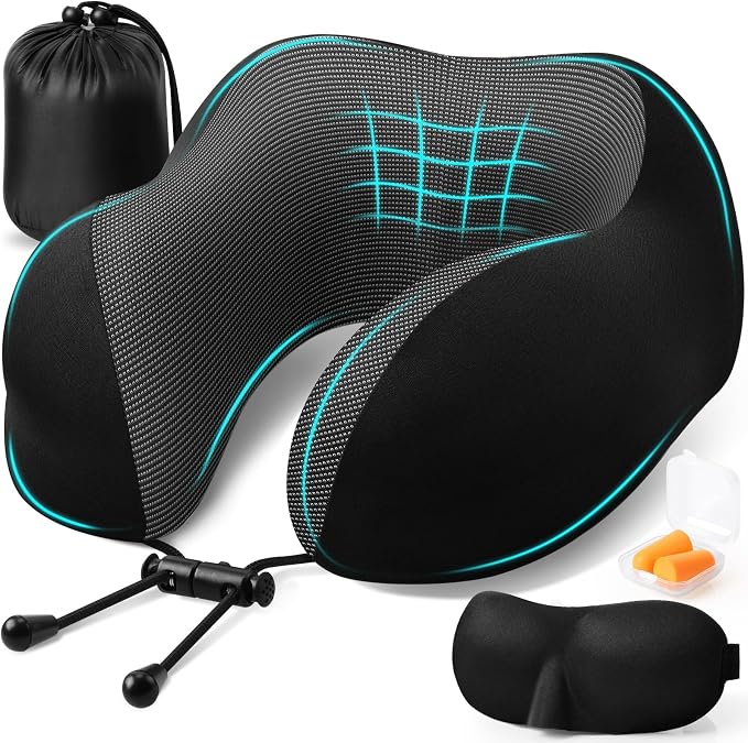 ExploreBliss Travel Pillow, Memory Foam Neck Pillow Airplane, Black | Travel Pillows for Airplanes, Neck Pillow Airplane, Memory Foam Neck Pillow Set with Eye Mask, Earplugs by ExploreBliss