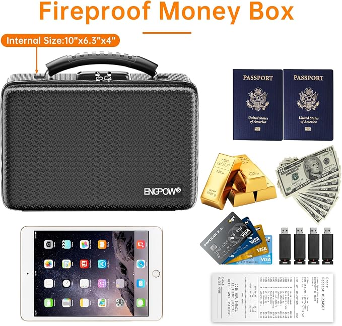 ENGPOW Fireproof Money Box with Lock & Heat-Resistant Fireproof Zipper | 6400°F 12-Layer Fire Protection,Small Hard Case with Multi-Pocket,Portable Home Chest Safe Storage for Money, Jewelry, Black - Image 6