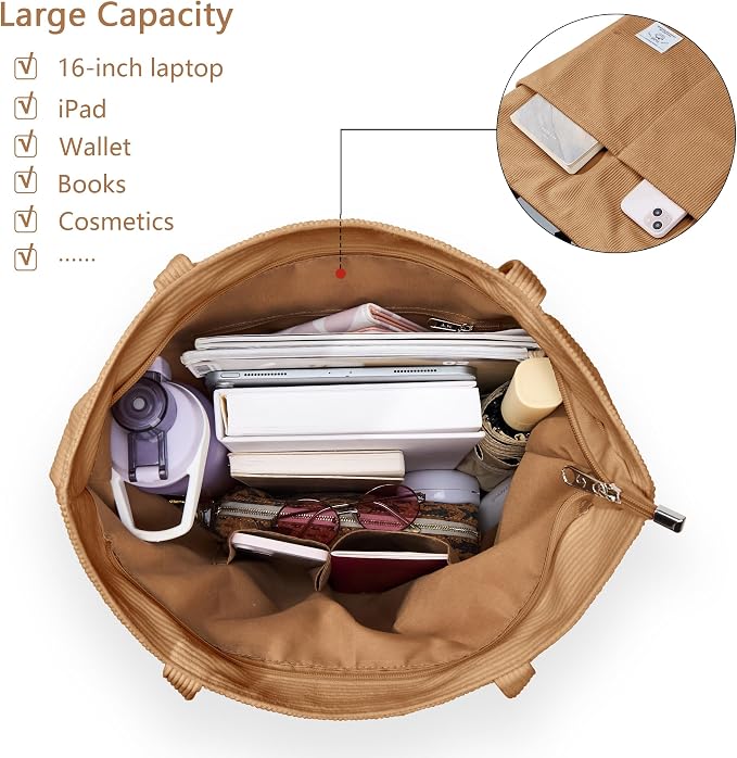 KALIDI Women Corduroy Tote Bag Zipper Casual Tote's Handbag Big Capacity Shoulder Bag with Pockets - Image 5