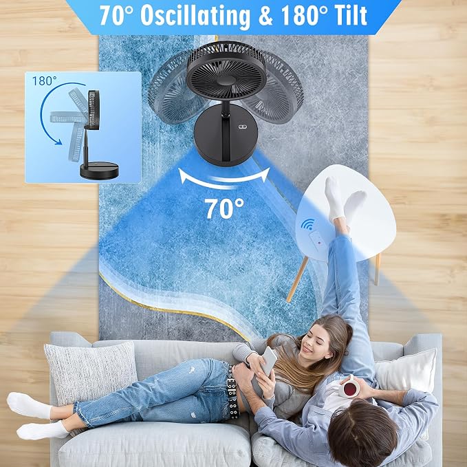 Portable Foldable Rechargeable Oscillating Fan - 8.6" 8000mah Remote Fan | Battery Operated USB C Small Fan Quiet Table Desk Fan Folding Standing Pedestal Fan for Bedroom Rome Office Camping Travel - Image 2