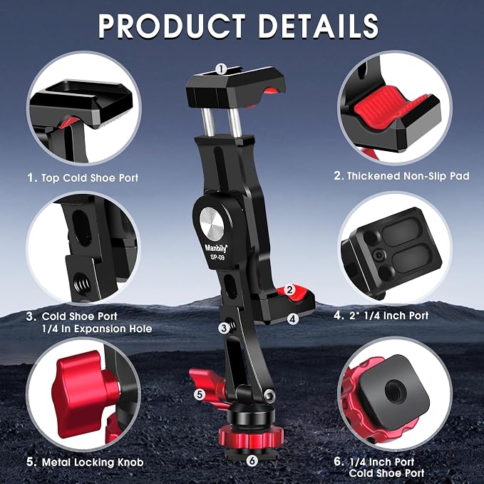 Phone Tripod Mount, Metal Smartphone Mount Adapter Camera Hot Shoe Mount, 360° Swivel 180° Flip Adjustable Phone Holder for Microphone LED Light（SP-09 - Image 3