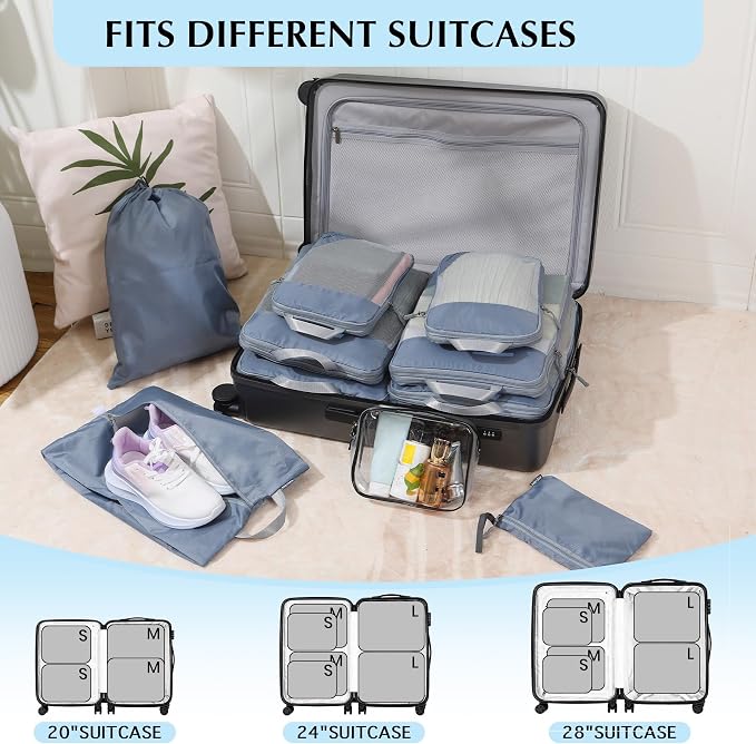 PFEYRPK Lightweight Compression Packing Cubes for Suitcases, Compressible Expandable Travel Packing Organizer with Clear Toiletries and Backpack Bag, Travel Essentials for Carry on Luggage 7 Set - Image 6