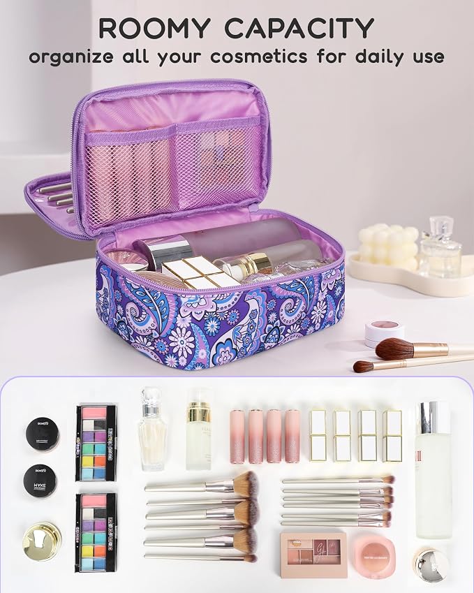 Relavel Small Floral Cosmetic Bag with Makeup Brush Compartment | Portable Makeup Pouch for Women, Double Layer Cute Toiletry Organizer Bag for Accessories, Purple Flower - Image 6