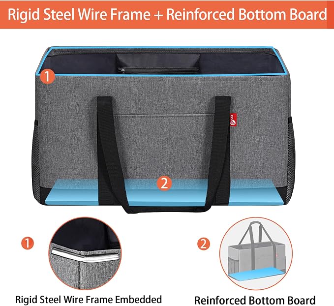 Extra Large Utility Tote Bag, Foldable Reusable Grocery Bags with Metal Wire Frame & Reinforced Bottom Board, Stand Up Large Utility Tote for Shopping, Beach Bag, Laundry, Car (Grey) - Image 6