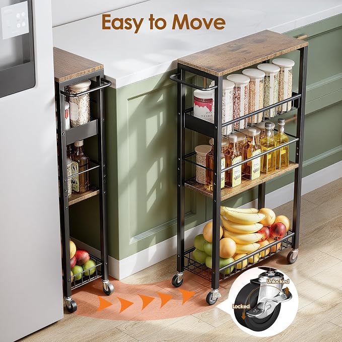 Slim Rolling Storage Cart, 4 Tier Narrow Storage Cart, 7.1in(W) | Metal Kitchen Rolling Cart for Small Spaces, Narrow Shelf for Kitchen, Laundry Room, Bathroom, Living Room - Image 3