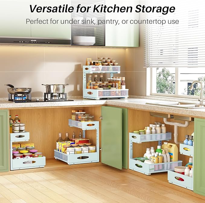 Under Sink Organizer, 1-Pack Pull Out Cabinet Organizer 2 Tier Metal Slide Out Storage Shelf Rack, L-Shaped Adjustable Height,Mesh Sliding Drawer for Kitchen, Bathroom, Laundry, Pantry, Blue, XL - Image 9