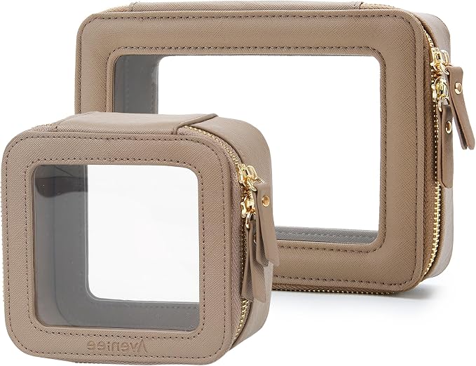 Aveniee Clear Makeup Bag Set (2-Piece Mini & Midi) - Travel Toiletry Organizer for Women, Waterproof Cosmetic Pouch & Car Accessory for Travel Size Toiletries, Taupe by Aveniee