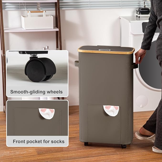 Vincona Laundry Basket with Wheels, Tall Dirty Clothes Hamper on Wheels, Rolling Laundry Hamper with lid for Dorm, Bedroom and Bathroom - Image 4