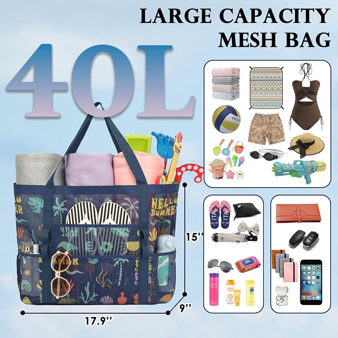 Fammart Mesh Beach Bag for Women, Large Beach Toy Pool Bag with Zipper Pocket, SandProof Cruise Essentials 2026 Family Travel - Image 4