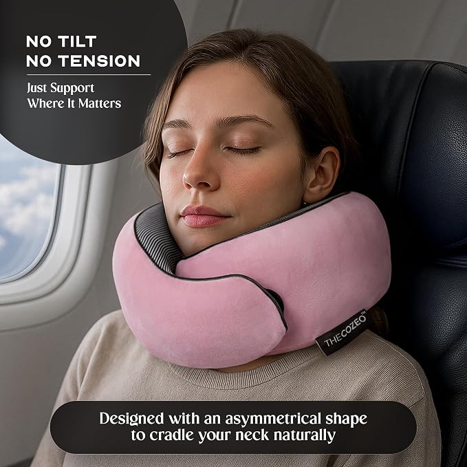 The Cozeo™ Travel Neck Pillow, 100% Pure Memory Foam Airplane Neck Pillow with Eye Mask & Earplug, Ideal for Long Flight, Car Road Trip Essentials & Sleeping | Suitable for Adults & Kids - Pink - Image 2