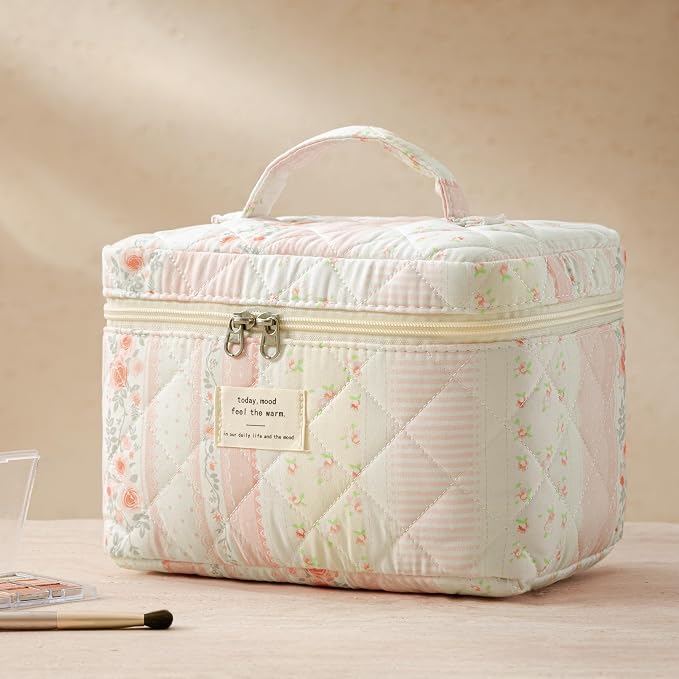 HBselect Quilted Makeup Bag, 3Pcs Cotton Large Travel Makeup Bags Organizer | Cute Floral Make up Bag Cosmetic Bag Toiletry Bag for Women Girls, Makeup Pouch for Skincare, Brushes & Travel Essentials - Image 5