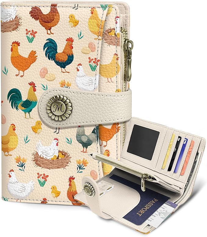 Chicken Wallet Women RFID, Cute Passport Holder Credit Card Holder | 6.7" x 4.4" x 1.3" Bifold, Travel billfold, Zipper Pocket, PU Leather, Clutch, Purse, ID Window, Pen Holder, Gift Ladies Girl by Mavellin