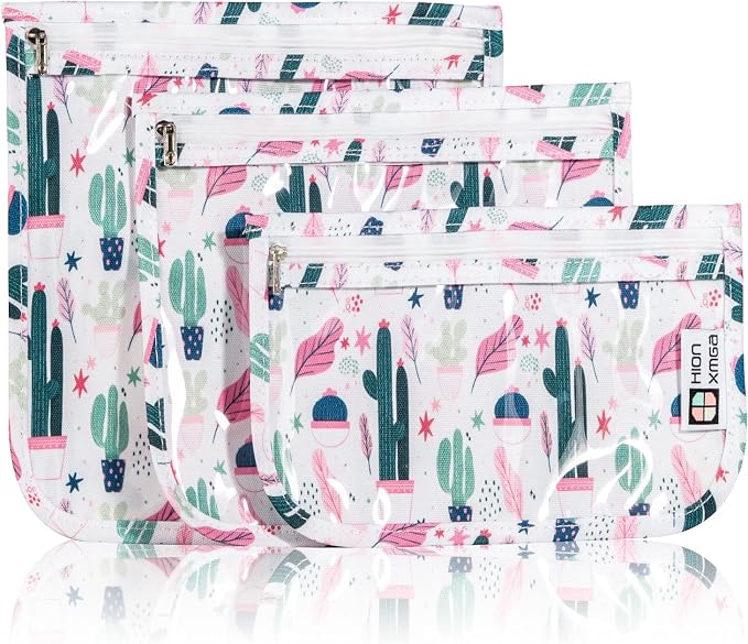 HIONXMGA Set of 3 Clear Travel Toiletry Bag, TSA Approved, Quart Size S/M/L | Clear Front Zipper Pouches Waterproof Cosmetics Bags for Women Kids Toiletries Baby Essentials Well-Organized Carry, Cacti B by HIONXMGA