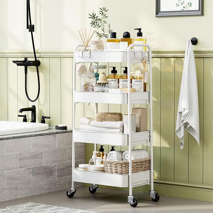 TOOLF 4 Tier Metal Rolling Cart, Utility Storage Cart with Wheels, White | Screwless Assembly, Lockable Metal Wheels, Trolley Organizer for Bathroom, Kitchen, Office, Dorm, Laundry, Craft Room - Image 9