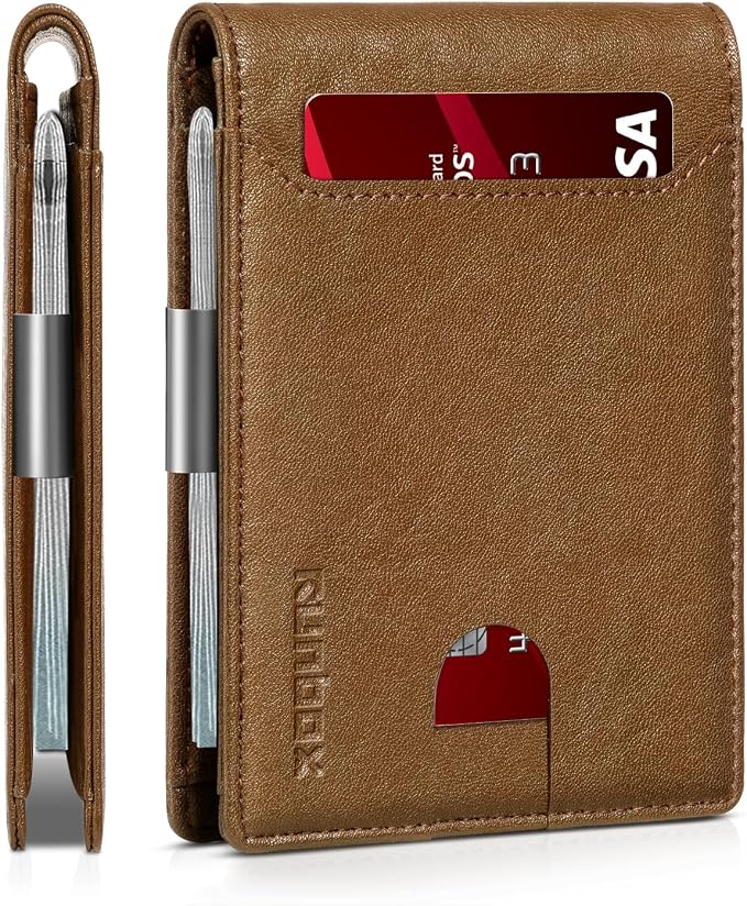 RUNBOX Slim Wallet for Men - RFID Blocking Leather Bifold with Money Clip | Minimalist Front Pocket Wallet Holds 11 Cards,Slim Thin Design,RFID Blocking Protection, Practical Birthday Gifts for Men by RUNBOX