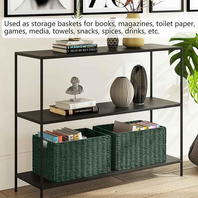 Large Wicker Storage Basket, Collapsible Baskets for Organizing | Set of 2 Hand-Woven Paper Rope Wicker Basket, 15"x 10" Closet Organizers and Storage with Handles Home Organization, Green - Image 4