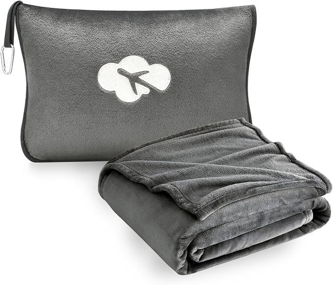 Travel Blanket and Pillow Compact, Premium Soft 2 in 1 Airplane Blanket with Soft Bag Pillowcase，Hand Luggage Sleeve and Backpack Clip (Solid Grey) by JungleStar