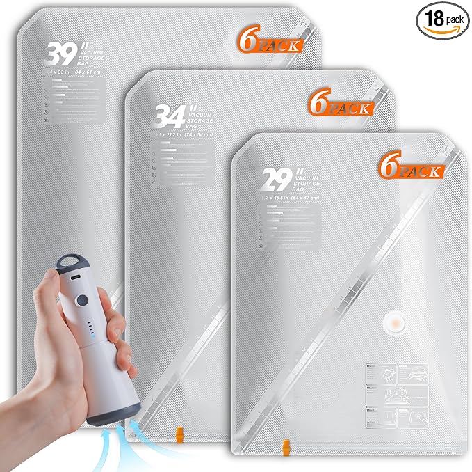 Vacbird 18 Pack Vacuum Storage Bags Set with Rechargeable Wireless Pump Large/Medium/Small Vacuum Seal Bags for Clothing Travel and Home, Compression Packing for Comforters, Blankets and Bedding by Vacbird