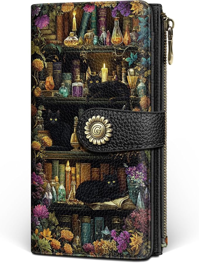 GIANCOMICS Black Cat Book Womens Wallet RFID, Credit Card Holder Bifold | Billfold, Cute Cash Purse, Travel Zipper Coin Pocket, Compact Clutch, PU Leather, ID Window, 11 Card Slots, Ladies Gift Woman by Giancomics