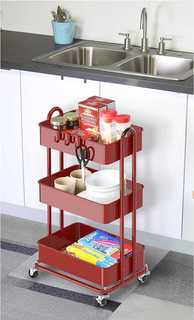 Simple Houseware 3-Tier Heavy Duty Metal Utility Rolling Cart, Red - Image 5