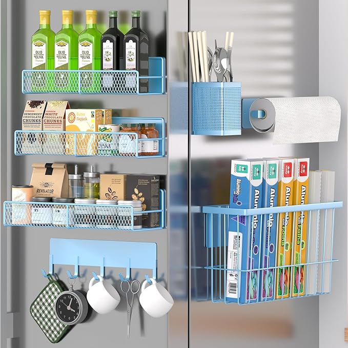 Magnetic Spice Rack for Refrigerator, 7 Pack Metal Magnetic Shelf, Moveable Magnetic Storage Fridge Organizer, Spice Organizer, Hook Rack, Paper Towel Holder, Utensils and Cutting Board Holder, Blue by DTUQYX