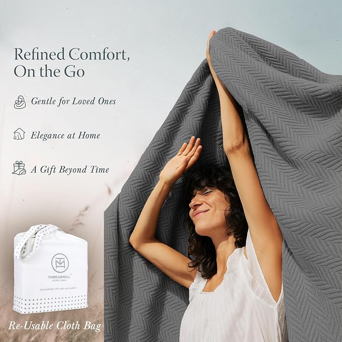 Threadmill Cotton Queen Blanket, Herringbone, Dark Grey, Machine Washable | 100% Cotton, Herringbone Pattern, 90x92 in, Breathable, All-Season, OEKO-TEX Certified, Machine Washable - Image 7