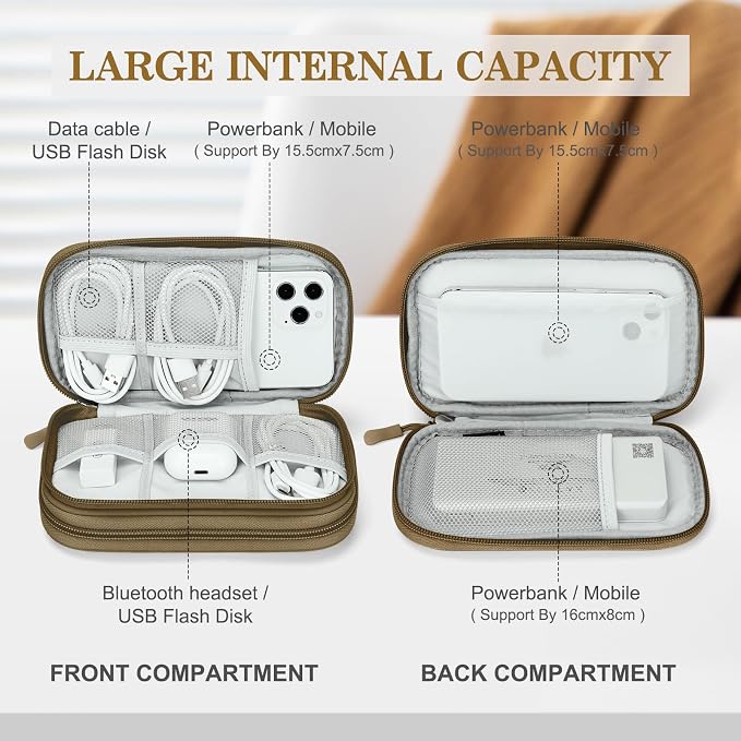 FYY Electronic Organizer, Travel Tech Pouch Bag, Cable Organizer Brown | Wrist Strap, Waterproof, Double Layers Portable Electronics Travel Carrying Case for Cord, Charger, Daily Business Trips Use - Image 3