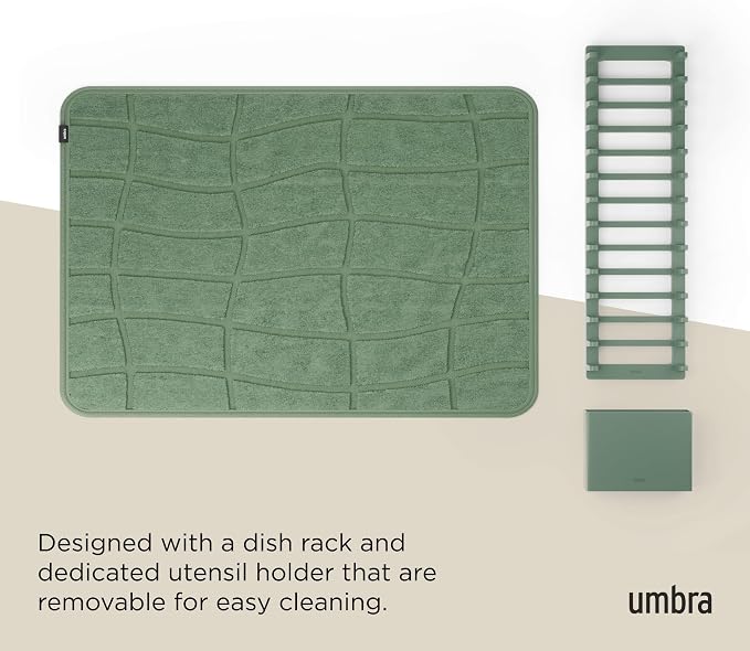 Umbra Udry Dish Drying Rack with Microfiber Mat, Foldable Drainer, Spruce | Machine washable, protects countertops, utensil holder, compact space saving design - Image 6