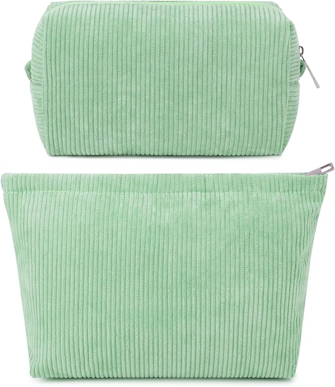 SOIDRAM 2 Pcs Corduroy Makeup Bag Large Cosmetic Bag Toiletry Bag Makeup Pouch Travel Bag Organizer Cute Makeup Brushes Aesthetic Accessories Storage Bag for Women Green by SOIDRAM
