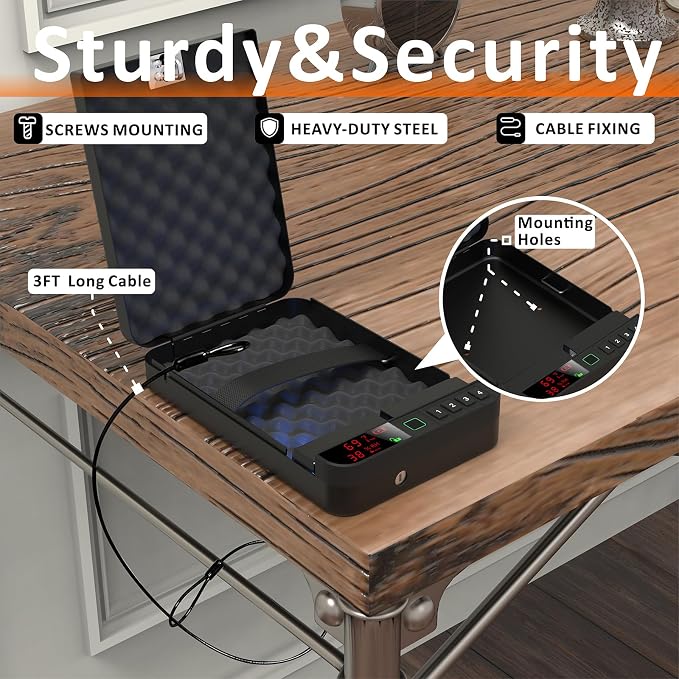 Z ZLJUAN Portable Gun Pistol Safe with LCD Display of Temp,Humidity,Biometric Fingerprint,Keypad Lock,Key,Biometric Handgun Safe for Travel/Home/Car/Nightstand Beside (Black) - Image 3