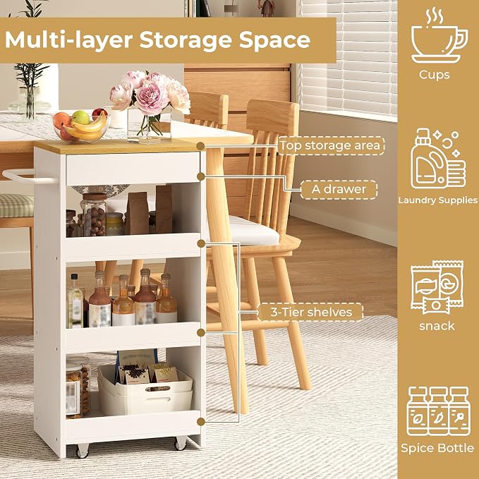 IRONCK Slim Storage Rolling Cart with Drawer and Handle, 11.8" W White | Wood Storage Cart on Wheels with Handle, 4 Tier Utility Cart Compact 11.8" Wide, Fits Kitchen Laundry Bathroom - Image 3