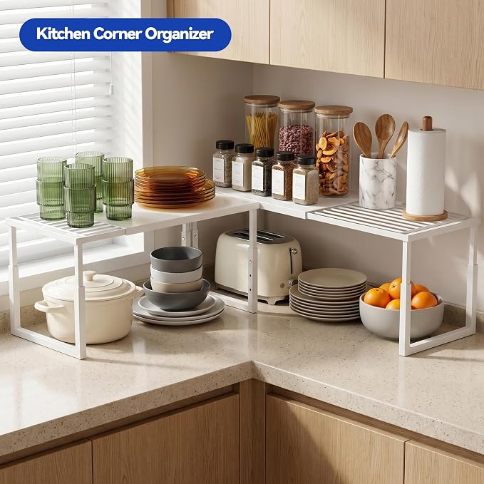 2 Packs Expandable Cabinet Shelf Organizer, Stackable Countertop Shelves | 15.8''- 25.5'' In Cabinet Shelf, Adjustable Kitchen Cabinet Organizer for Pantry Organizer, CupBoard Organizers and Storage - Image 4