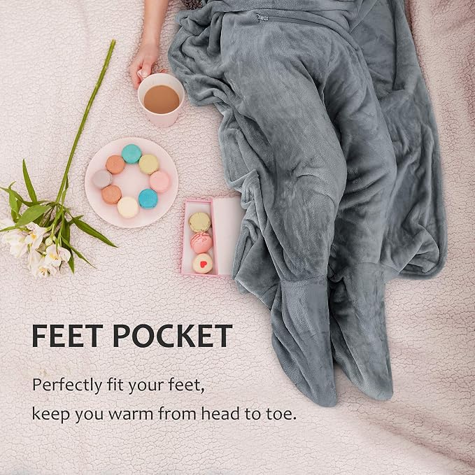 Tirrinia Travel Blanket Pillow - Wearable Airplane Blanket with Feet Pockets for Long Flights, Airplane Accessories Blanket Robe for Women and Men, Gift for Her - Image 3