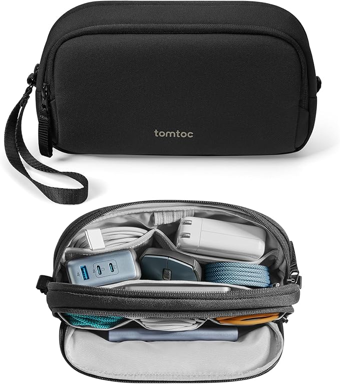 tomtoc Electronic Organizer Travel Case, Dual Compartment Tech Organization | Water Resistant Cable Pouch Storage Bag for Charger, Cord, Phone, Hard Drive, Power Bank, Accessories Travel Essentials by tomtoc