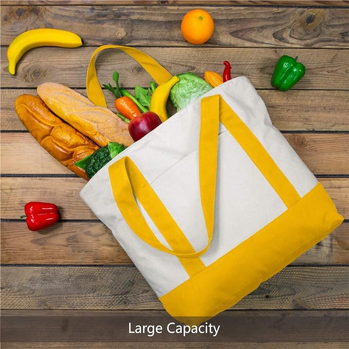 TOPDesign 3-Pack Canvas Tote Bags with an External Pocket, Reusable Grocery Shopping Bags, Top Zipper Closure, Daily Essentials (Yellow/Natural) - Image 4