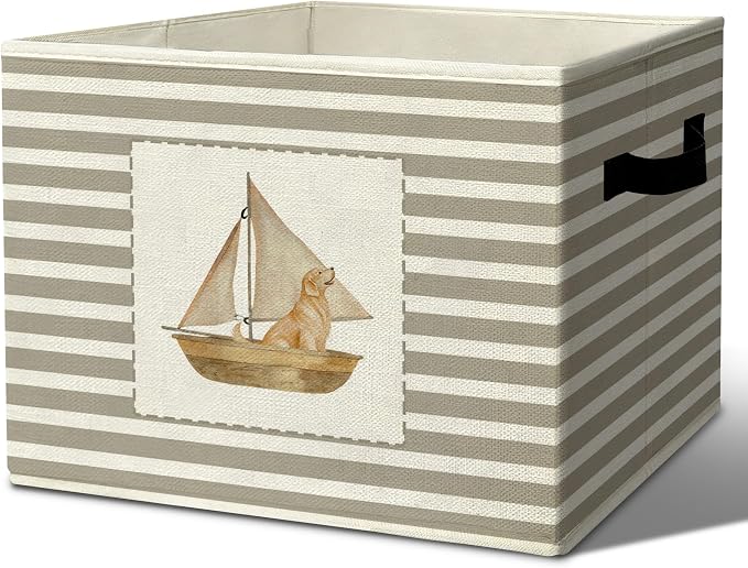 Rustic Golden Retriever Sailboat Storage Bins Boxes Handles | grey striped nursery foldable basket for organizing bedroom toddler playroom by Unknown
