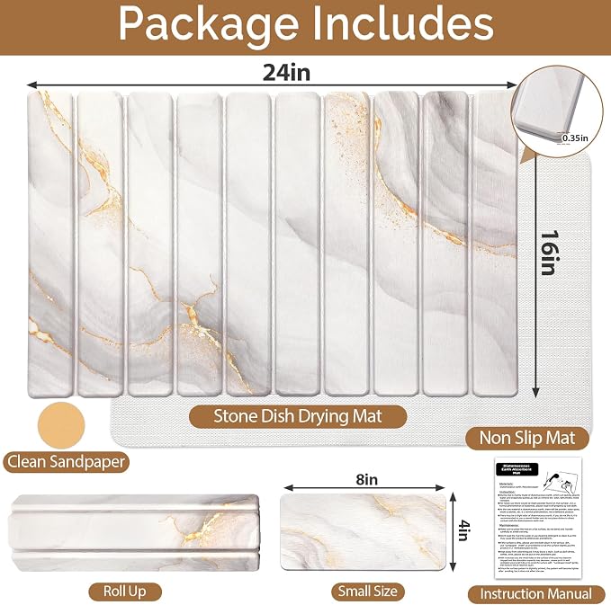 Large Stone Dish Drying Mat for Kitchen Counter,Quick Dry Stone Dishes Mats,Marbled Water Absorbing Diatomaceous Earth Drying Pad for Countertop Bottles Utensils Cups(Yellow White 24"x16"&8"x4") - Image 2