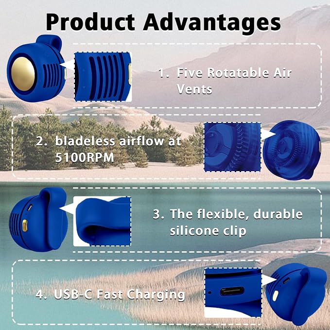 Portable Clip-On Fan, Mini USB Rechargeable 360° Rotatable Fan, Personal Fan 3-Speed Silent Mini Bladeless Fans (1 pack（Dark blue) - Image 3