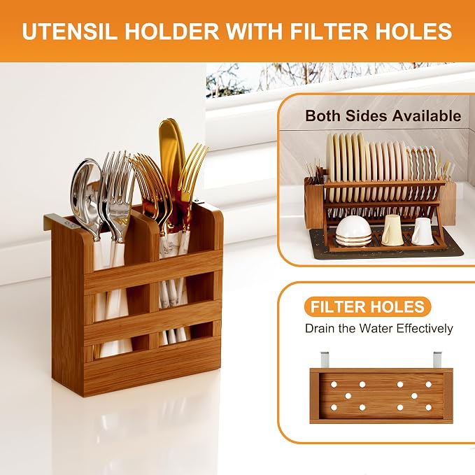 Greenual Teak Dish Drying Rack with Utensil Holder, 3 Tier Collapsible Dish Rack, Wooden Dish Racks for Kitchen Counter, Large Folding Drying Holder with Absorbent Dish Drying Mat - Image 3