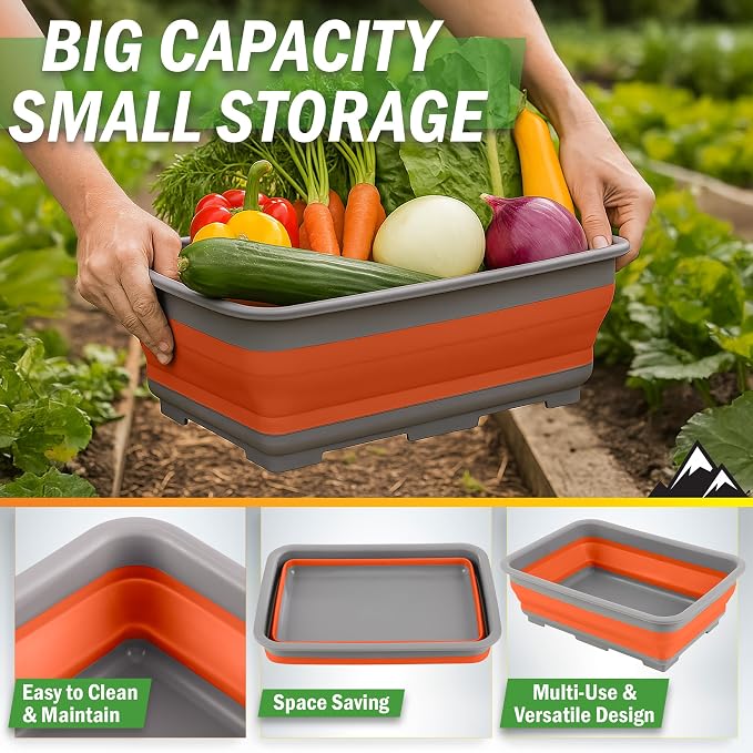 Set of 2 Multipurpose Wash Bins – 7.27-Liter Basins for Travel or Cleaning – Collapsible Bucket Camping Accessories by Wakeman (Orange) - Image 3