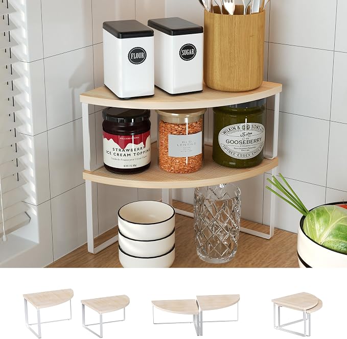 Golener Kitchen Corner Shelf, Corner Spice Rack, Counter Shelf, Stackable | Kitchen Counter Organizer, Plate Organizer for Cabinet, 2-Tier Corner Countertop Shelf, Corner Desk Shelf, Natural Beige - Image 9