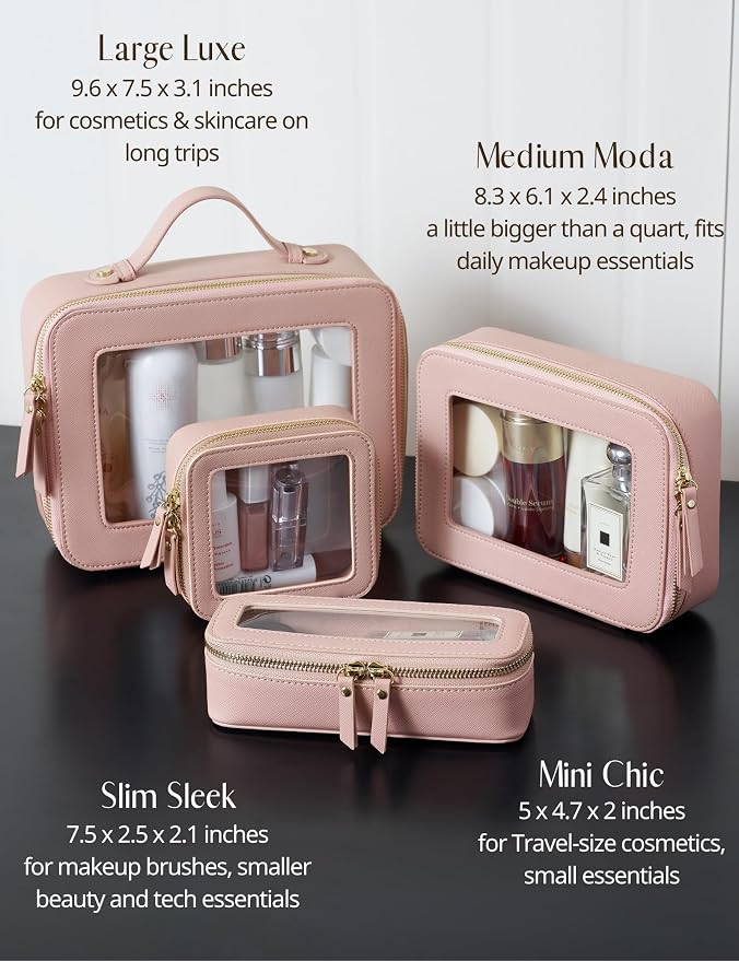 Clear Makeup Case Set Pink Toiletry Bag Travel Large Clear Cosmetic Bag with Zipper, Big Make Up Bag Organizer Women Traveling TSA Approved Transparent Bag Car for Essentials | Structured Mahjong Tile Bag with Zipper and Handle, Big Long-trip Cosmetic ... - Image 8